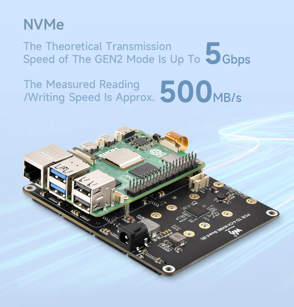 raspberry-pi-5用pcie-4チャンネルm2アダプタボード、4チャンネルnvme-ssd対応、raspberry-pi-5の電源供給対応