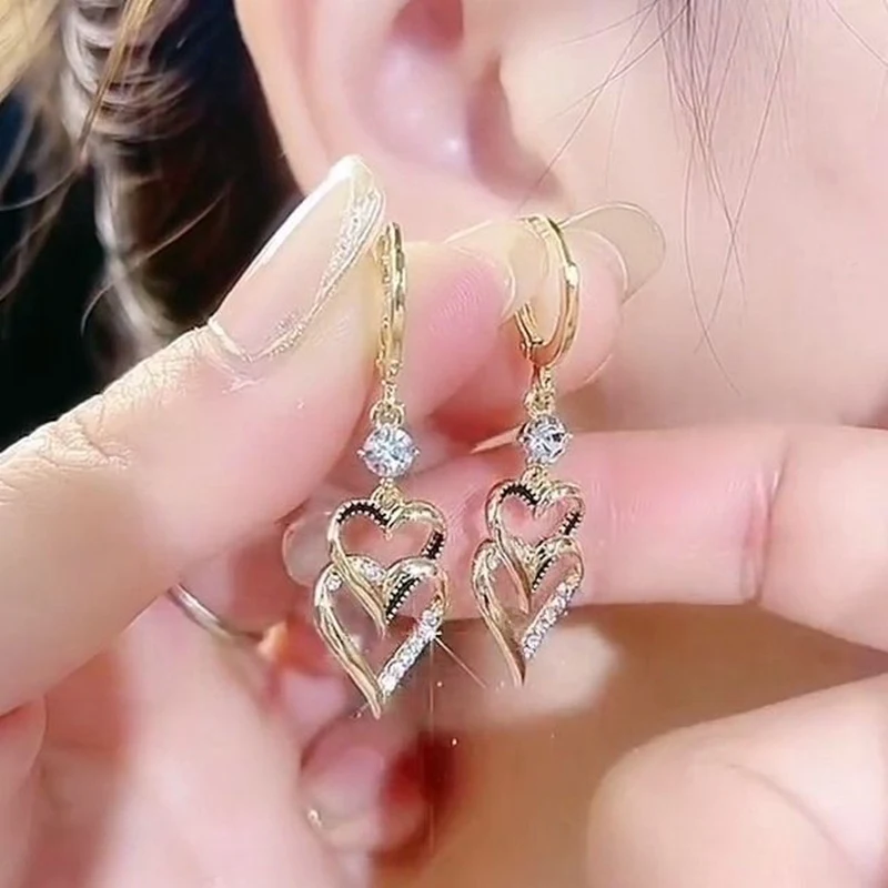 Luxuriöse Trendige Schwarze Doppelschicht-Ohrringe für Frauen, Koreanische Kristall-Zirkon Geometrische Ohrringe, Brautschmuck für Hochzeiten – Detail 6