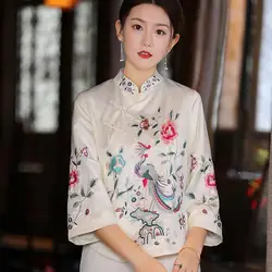 Ethnic Style Tang Suit Coat Retro Embroidery Button Chinese Top Women's Top Elegant Loose Blouse New Spring and Autumn