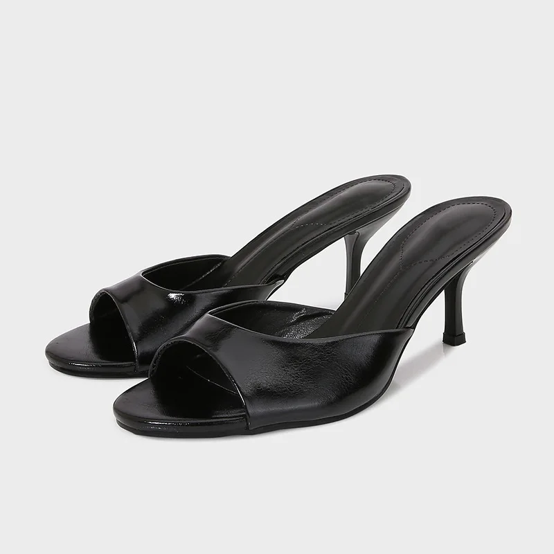 

Elegant Black Patent Leather Kitten Heel Mules For Women Minimalist Slip-On Slide Sandals for Office Casual Wear Daily Fashion
