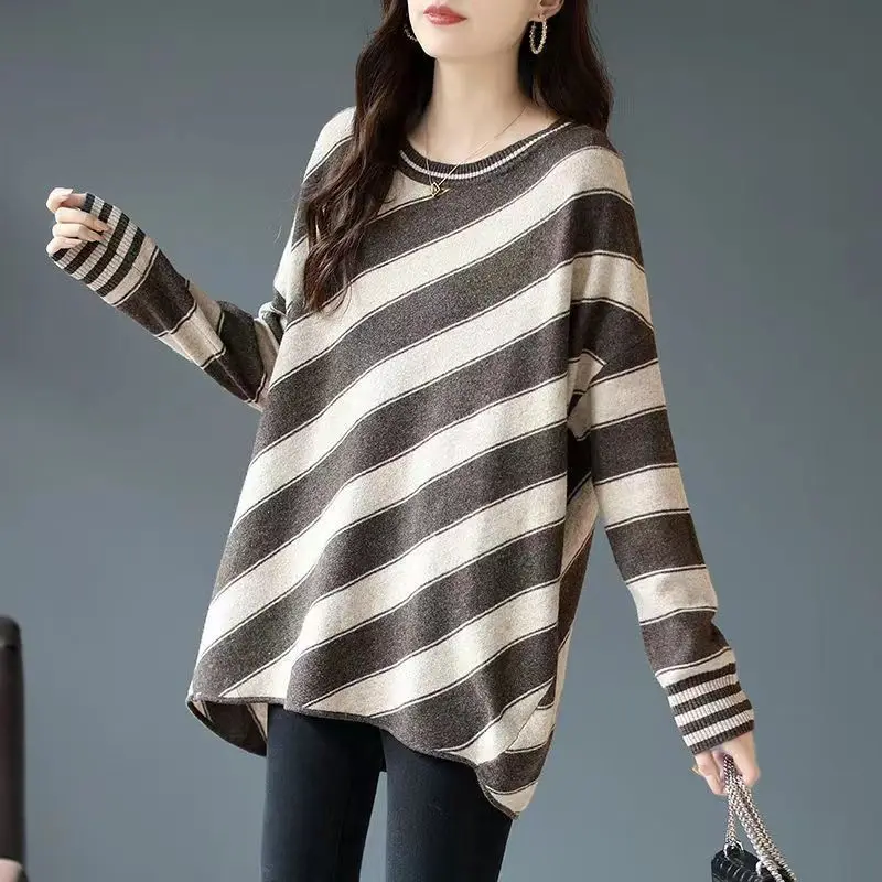 Female Clothing Striped Spliced Stylish Asymmetrical Midi Sweaters Autumn Winter Korean Round Neck Casual Loose Knitted Jumpers