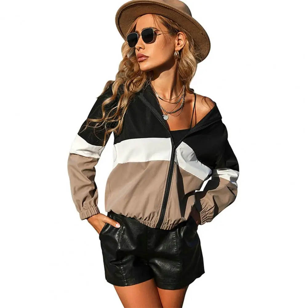 

Breathable Women Jacket Loose Fit Jacket Stylish Colorblock Women's Hooded Jacket Smooth Loose-fit Coat for Spring Fall