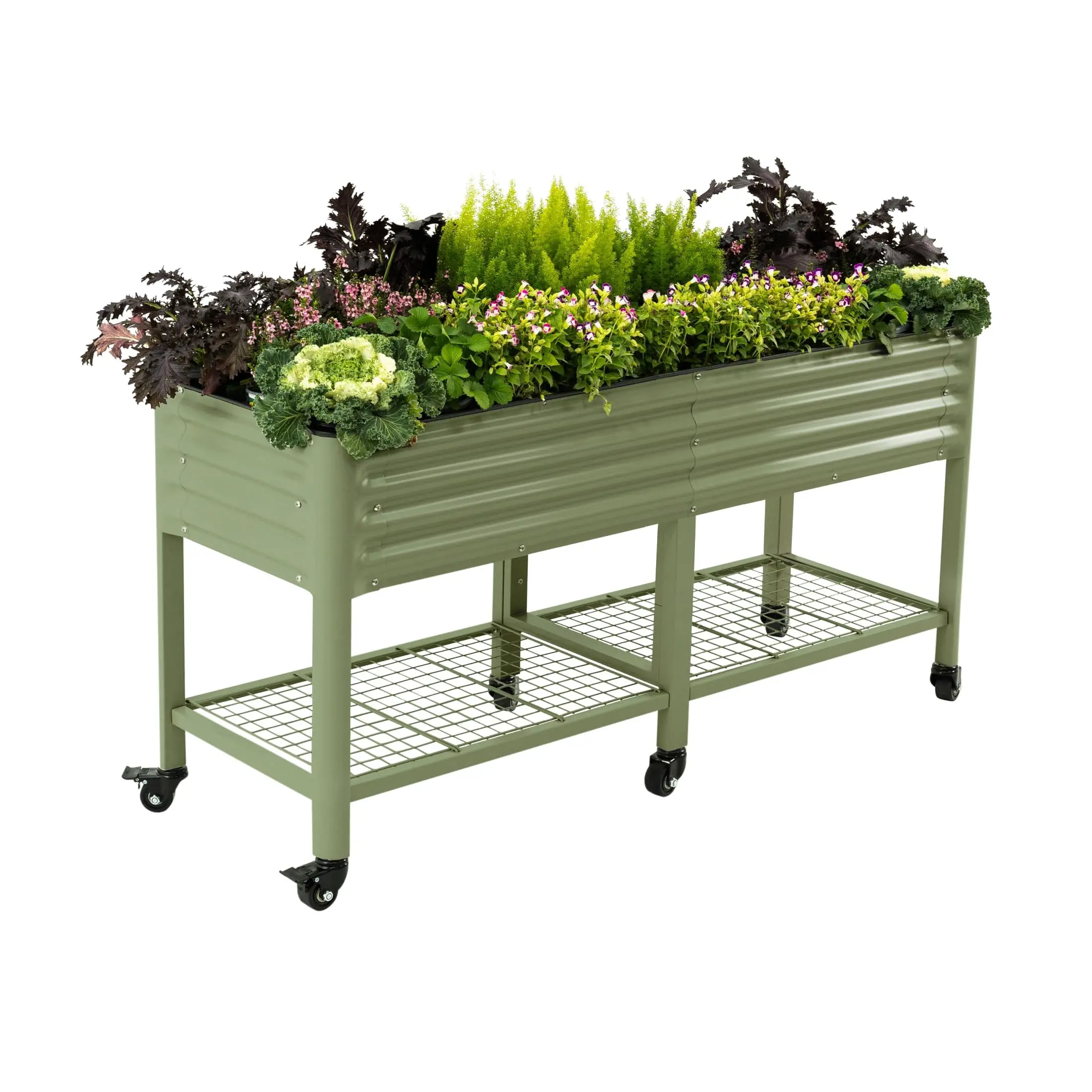Rolling Elevated Raised Garden Bed, 2' x 6' Outdoor Planters Boxes with Legs & Storage Rack for Patio, 1000 Lbs Weight