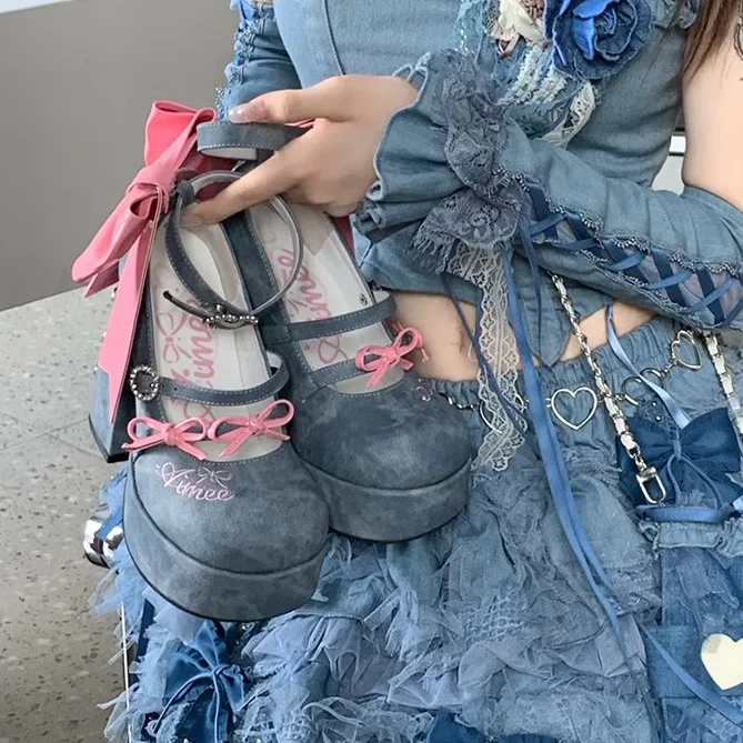 Sweet and Cute Hot Girl Denim High Heels Y2K Lolita Butterfly Thick Sole High Heels Pumps Round Toe Ultrahigh Heels