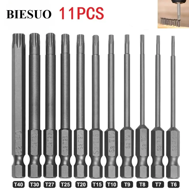 BIESUO 11pcs Torx Screwdriver Bit Set 75MM Hex Security Magnetic Head Extra Long/T7/T8/T9/T10/T15/T20/T25/T27/T30/T40 Hand Tool