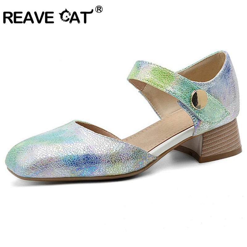 

Женские туфли на каблуке 4 см REAVE CAT, разноцветные туфли-лодочки с круглым носком и пряжкой, большие размеры 41 42 43, 2024