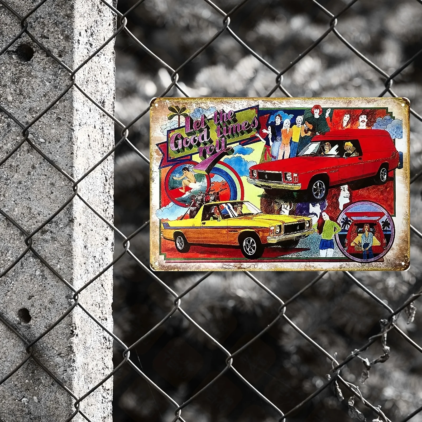 of Decorative Metal Sign Featuring SANDMAN, LET GOOD TIMES ROLL. A Rustic Vintage Tin Sign for Garage Or Bar.