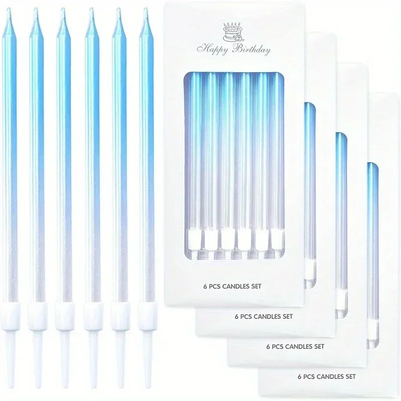 6/24-Count Gradient Blue Birthday Candles, Metallic Cake Candle for Birthday Party, Ice Blue Birthday Cake Cupcake Decorations