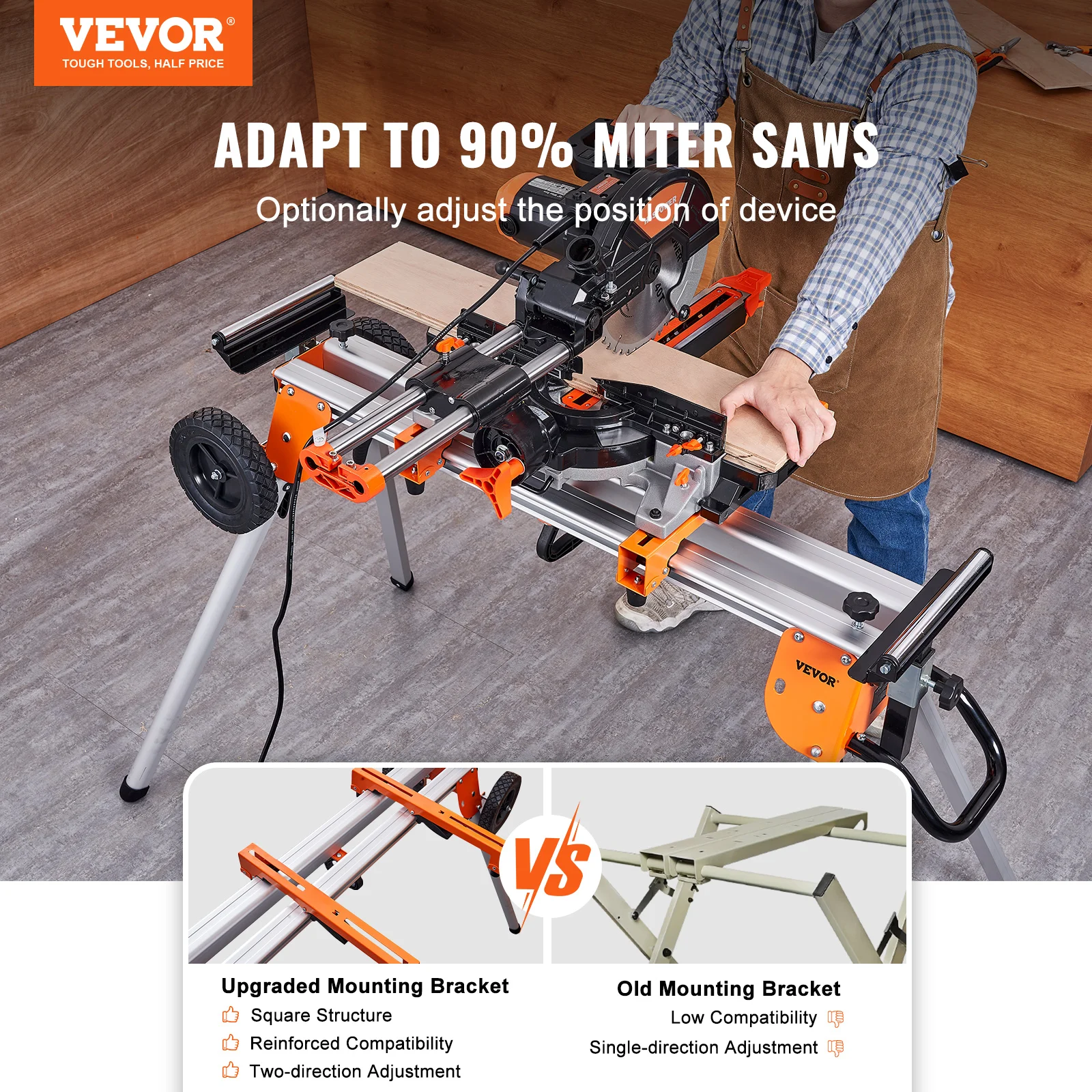 VEVOR 100in Collapsible Miter Saw Stand with One-piece Mounting Brackets Sliding Rail 500lbs Load Capacity for Cutting Works