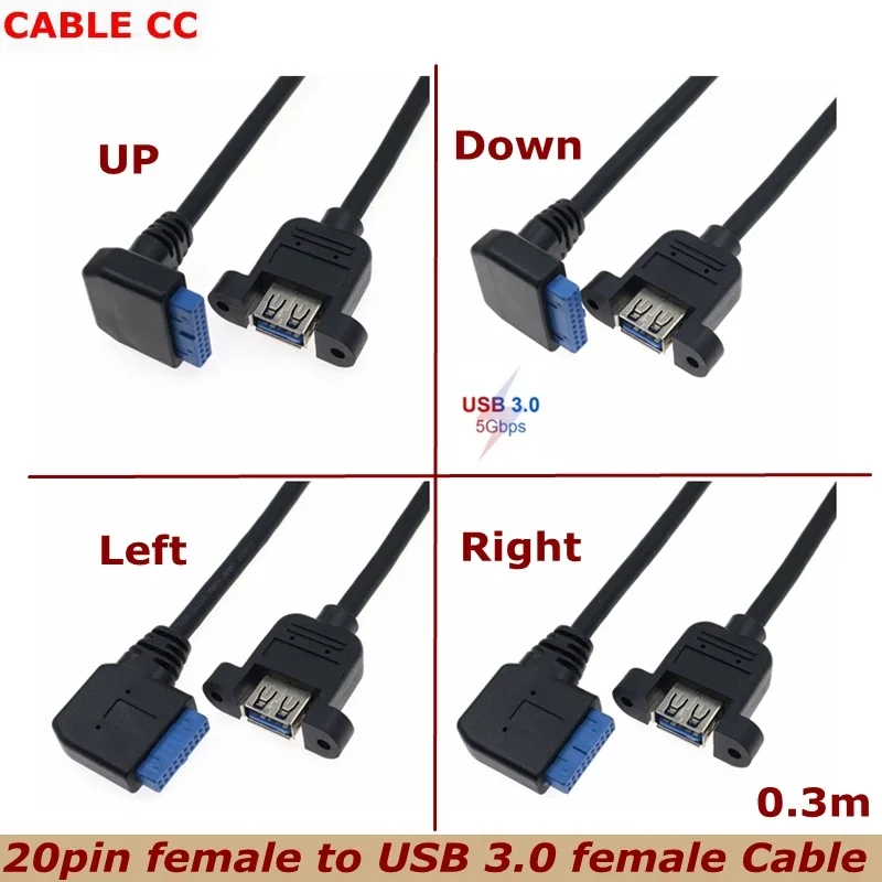 For Computer Motherboard Installation 20Pin Female 90 Degree Elbow to USB 3.0 Female Threaded Installation Cable