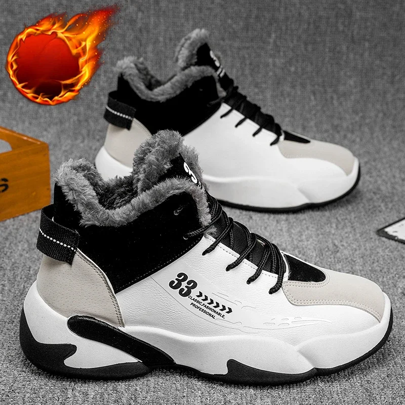 Winter Keep Warm Fur Basketball Boots Men Sneakers High Top Lace Up Ankle Sport Shoes Basket Homme Plush Casual Sneakers