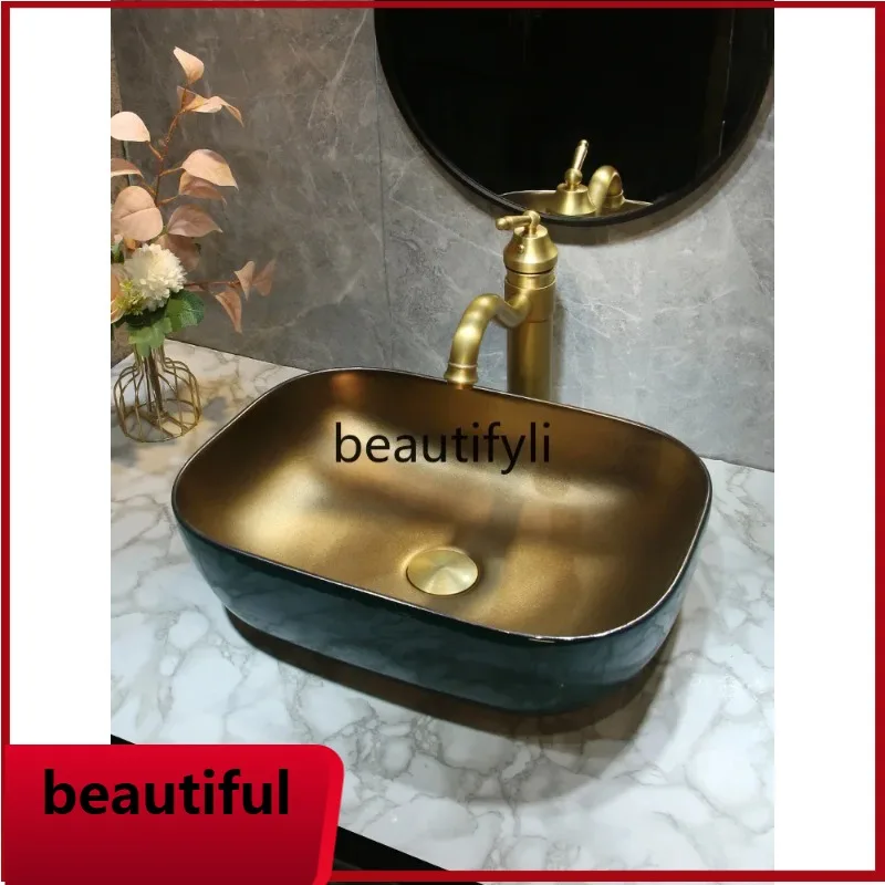 

f156 Square small American washbasin green gold ceramic table basin retro bathroom washbasin