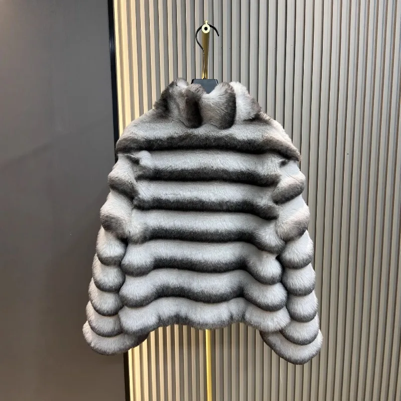 Bequemer, langärmliger Faux-Rex-Kaninchenfellmantel für Damen, 2025, Herbst und Winter, neue kurze Stehkragen-verdickte warme Pelzjacke