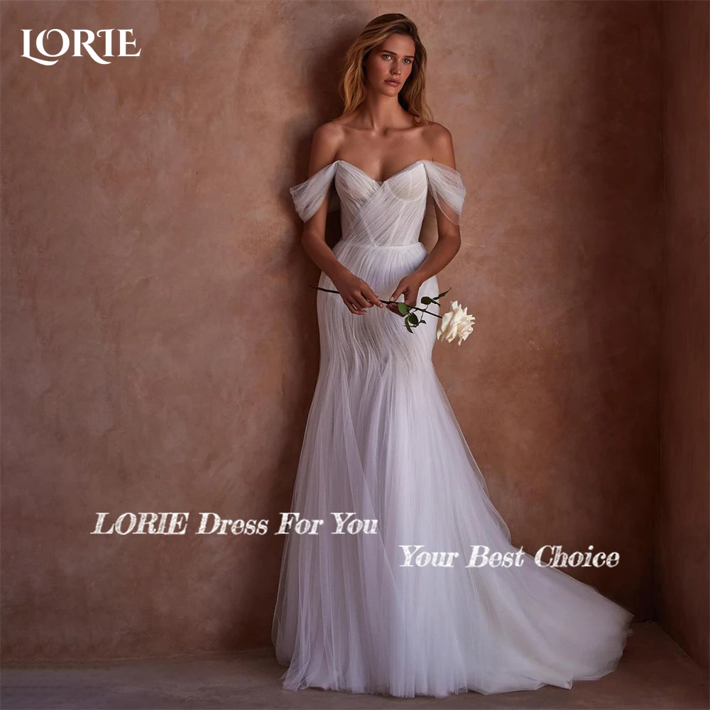 LORIE Luxury Mermaid Wedding Dresses Off Shoulder Pleated Tulle Backless Bridal Gowns Puffy Skirt Sleeveless Bride Dress 2024