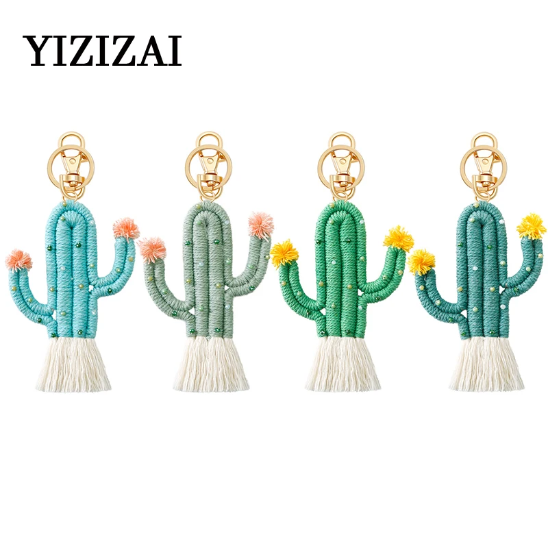 Handmade Weaving Green Plant Cactus Keychain Bohemia Backpack Pendant Key Ring Tassel Cotton Rope Car Hanging Key Holder Jewelry