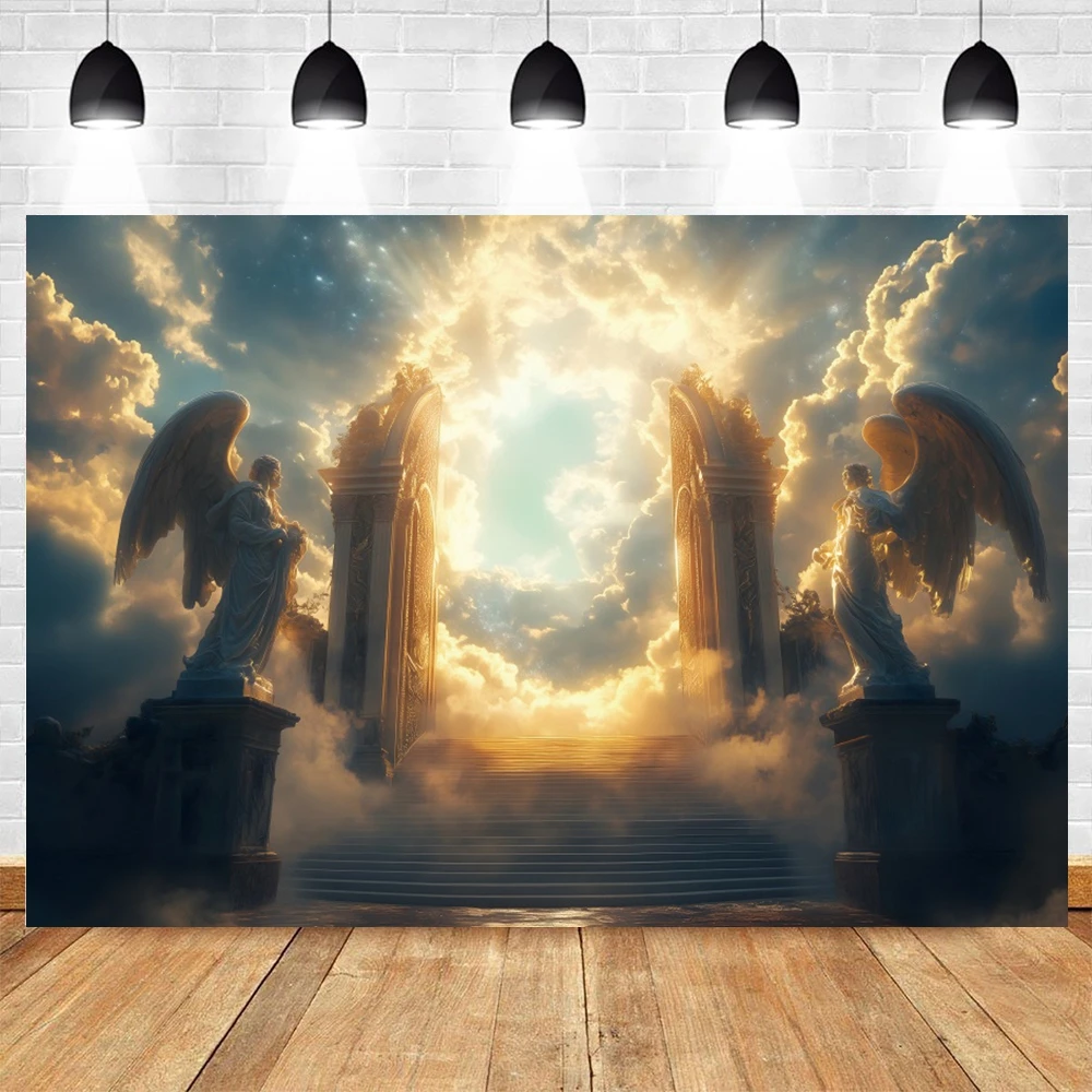 Himmel-Hintergrund, weiße Wolken, Engelsstatue, Treppe, Tür, Ostern, Party, religiöse Aktivitäten, Fotografie-Hintergrund, Fotostudio-Requisiten
