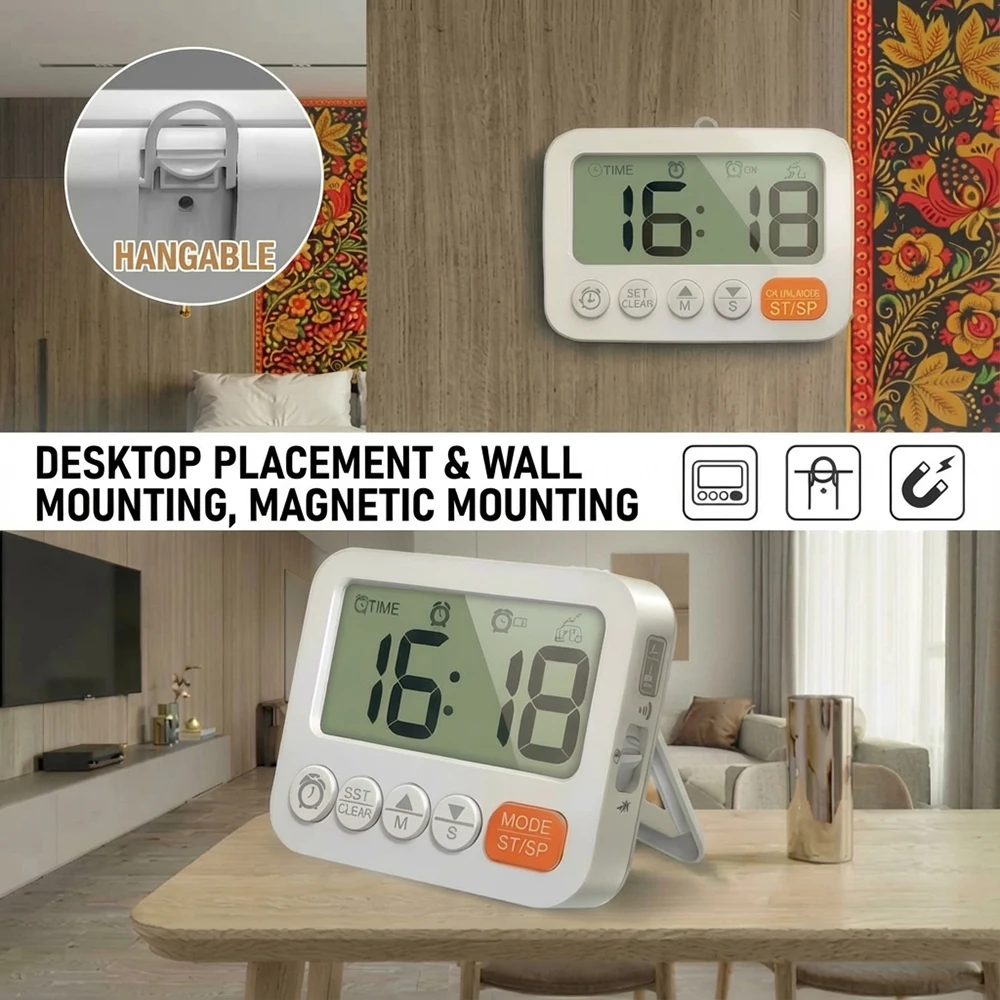 Digital Alarm Clock Kitchen Timer Countdown/Up Desk Wall Clock Magnetic Back Battery Powered Home Decor for Bedroom Office