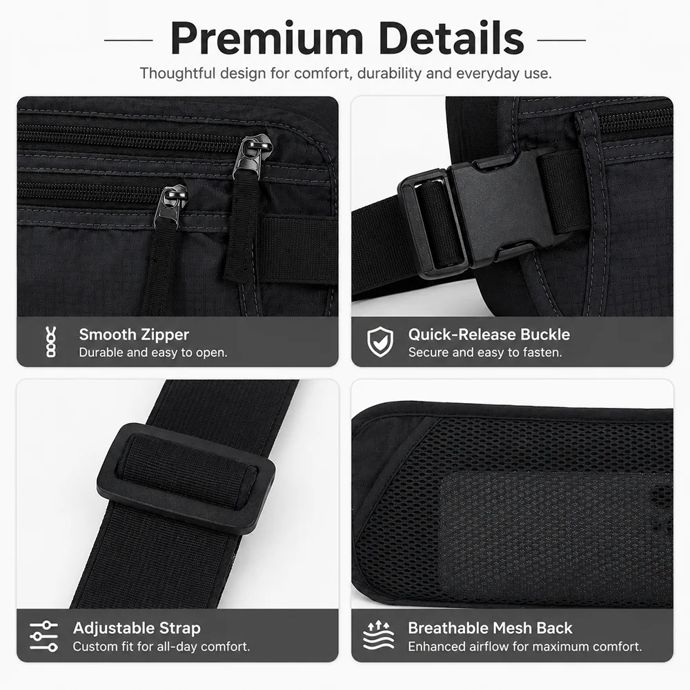 Men Hidden Belt Bag for Travel Anti Theft RFID Passport Wallet Holder Outdoor Sports Waist Bag Hidden Security Wallet view 5