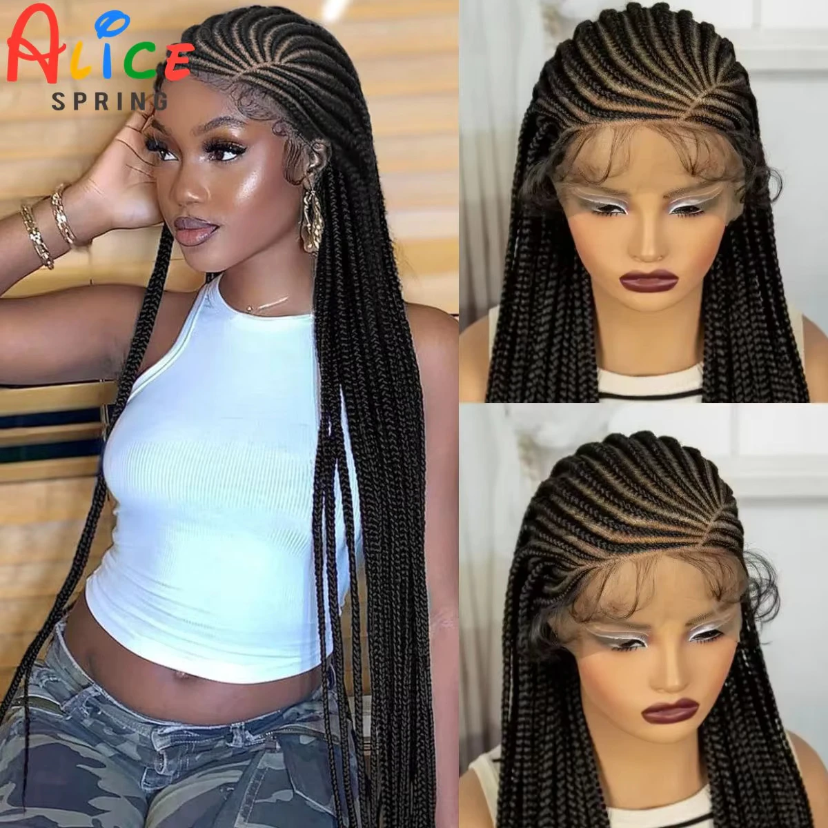 36inch Full Lace Cornrow Braided Wigs Synthetic Knotless Braided Lace Wigs With Baby Hair for Black Women Lace Front Braids Wigs