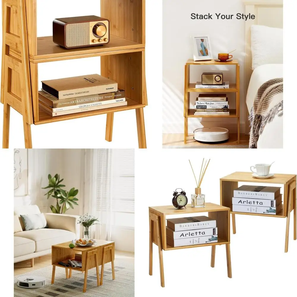 

Stackable Bamboo Side Tables, Wooden Storage Nightstands for Living Room and Bedroom, Set of 2