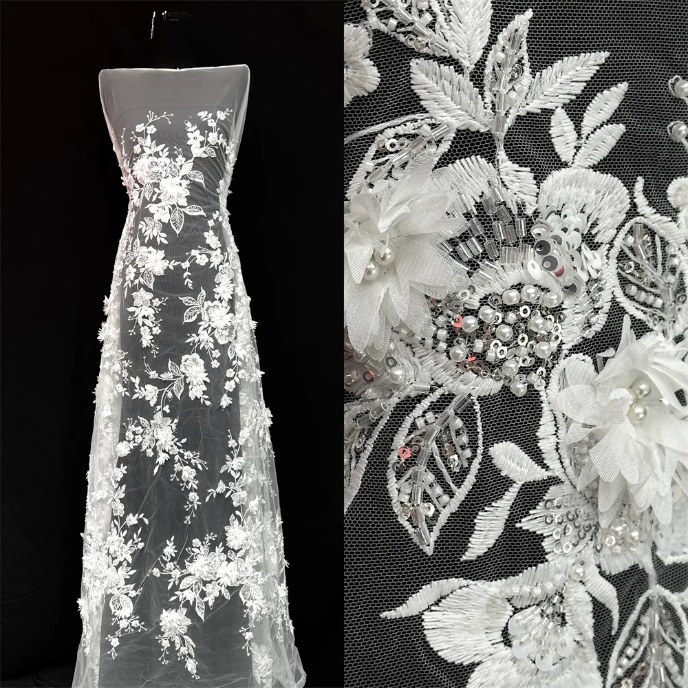 

White 3D Flower African Lace Fabric High-Quality Beaded French Tulle Nigerian Sequins Net for Luxury Wedding Dresses