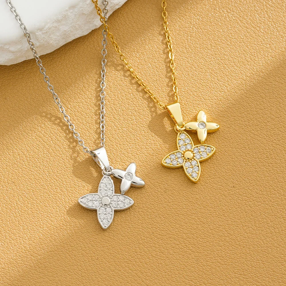 Совершенно новое простое и элегантное женское ожерелье с двойным четырехлистным клевером в корейском стиле из титановой стали.