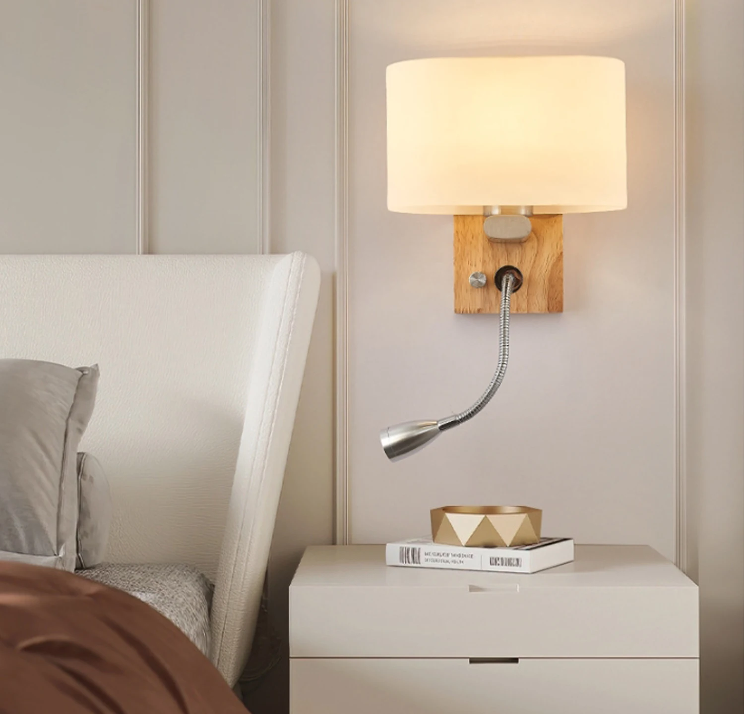 Wooden Wall Light With Oval/Rectangle Fabric Shade, Base Switch Vanity Light, Bedroom Frosted-glass Wall Sconce