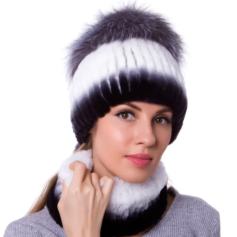 Sombrero de pelo de conejo de nutria Real para mujer, gorro de punto de piel, conjunto de cuello de pelo de zorro de invierno, dos piezas