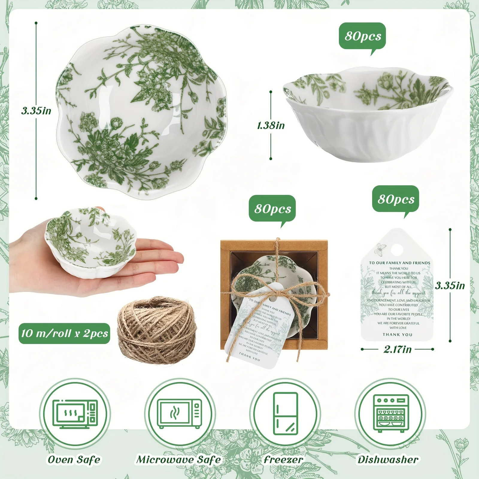 Paquete de 80 Recuerdos de Boda para Invitados, Pequeños Cuencos de Cerámica, Set de Regalos al por Mayor, Cuencos Mini de 3.3 Pulgadas con Diseño Verde Verdor, Platos para Salsas con Caja y Tarjetas para Fiestas y Eventos