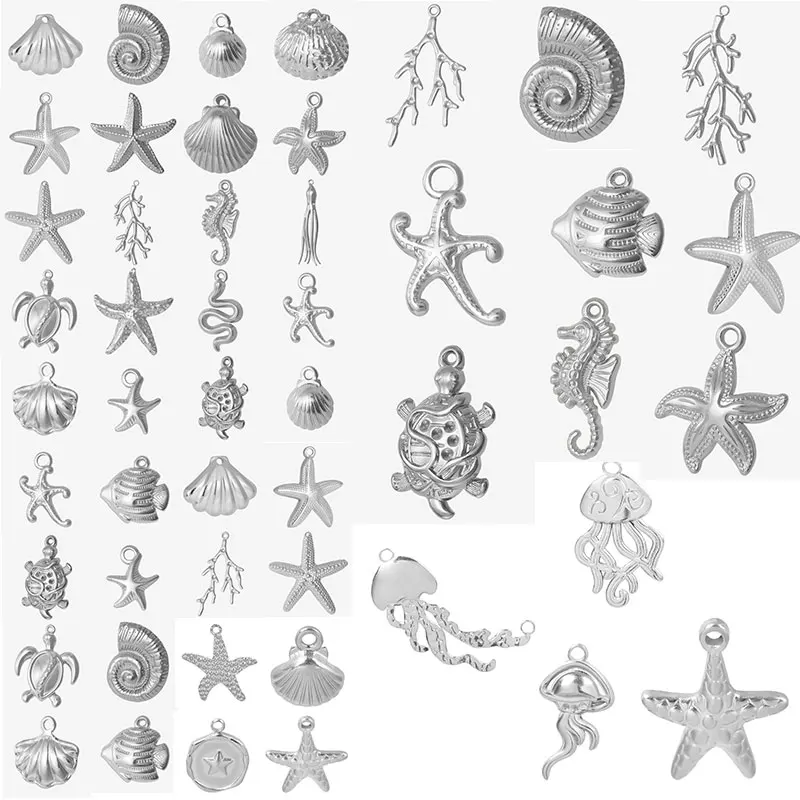 6pcs/Lot Stainless Steel Marine Animal Silver Color Starfish Coral Seahorse Pendant Creative Jewelry Making Accessorie Bulk Gift