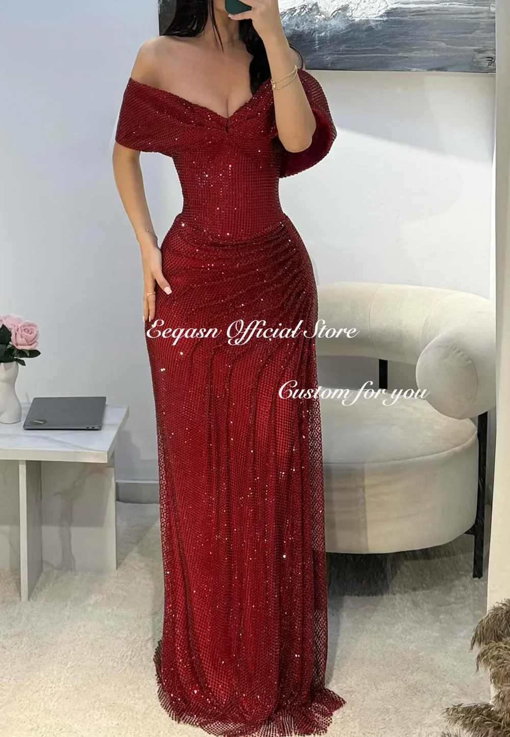 Impresionantes vestidos de graduación sirena con hombros descubiertos vestidos de noche drapeados hasta el suelo pierna dividida vestido de noche Formal personalizado