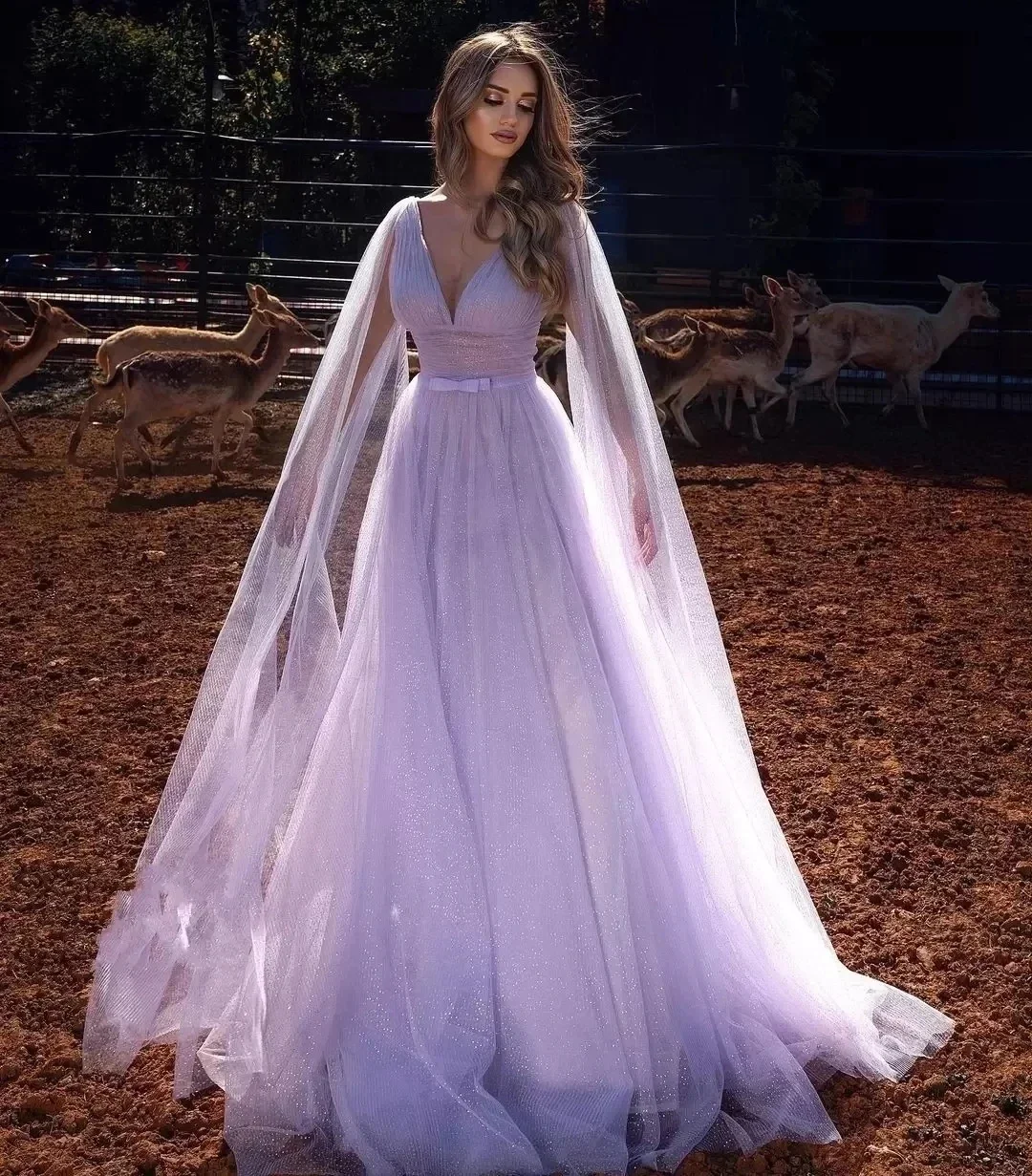 

Fashion Lilac V-Neck Prom Dresses With Cape Bohemian Glitter Tulle Luxury Robe De Soiree Long Evening Party Gowns HOT