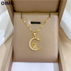 OIMG 316L Stainless Steel Gold Color Korean Sweet Rabbit On The Moon Pendant Necklace For Women Gir Wedding Party Lucky Jewelry