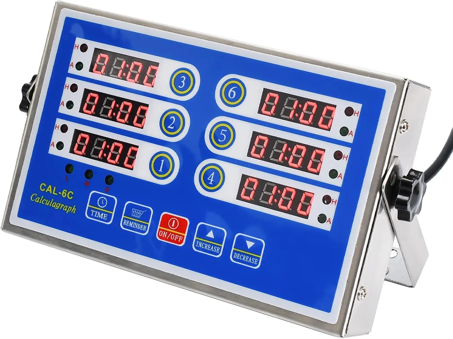 6-Channel Commercial Kitchen Timer with Stainless Steel LED Display, Loud Alarm & Reminder Function