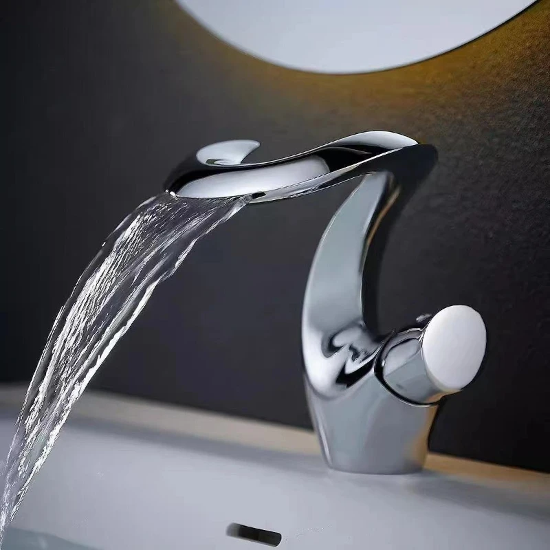 

Bathroom Faucet Sink Mixer Basin Hot and Cold Water Deac Mounted Waterfall Style Copper Brass Vessel Sink Taps