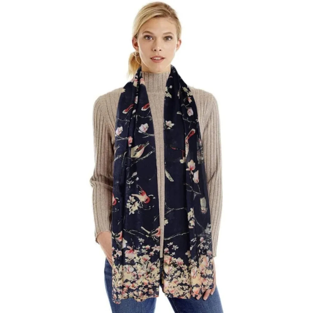 Syal untuk Wanita, Ringan, Motif Bunga dan Burung, Bahan Katun, Syal dan Selendang untuk Musim Dingin