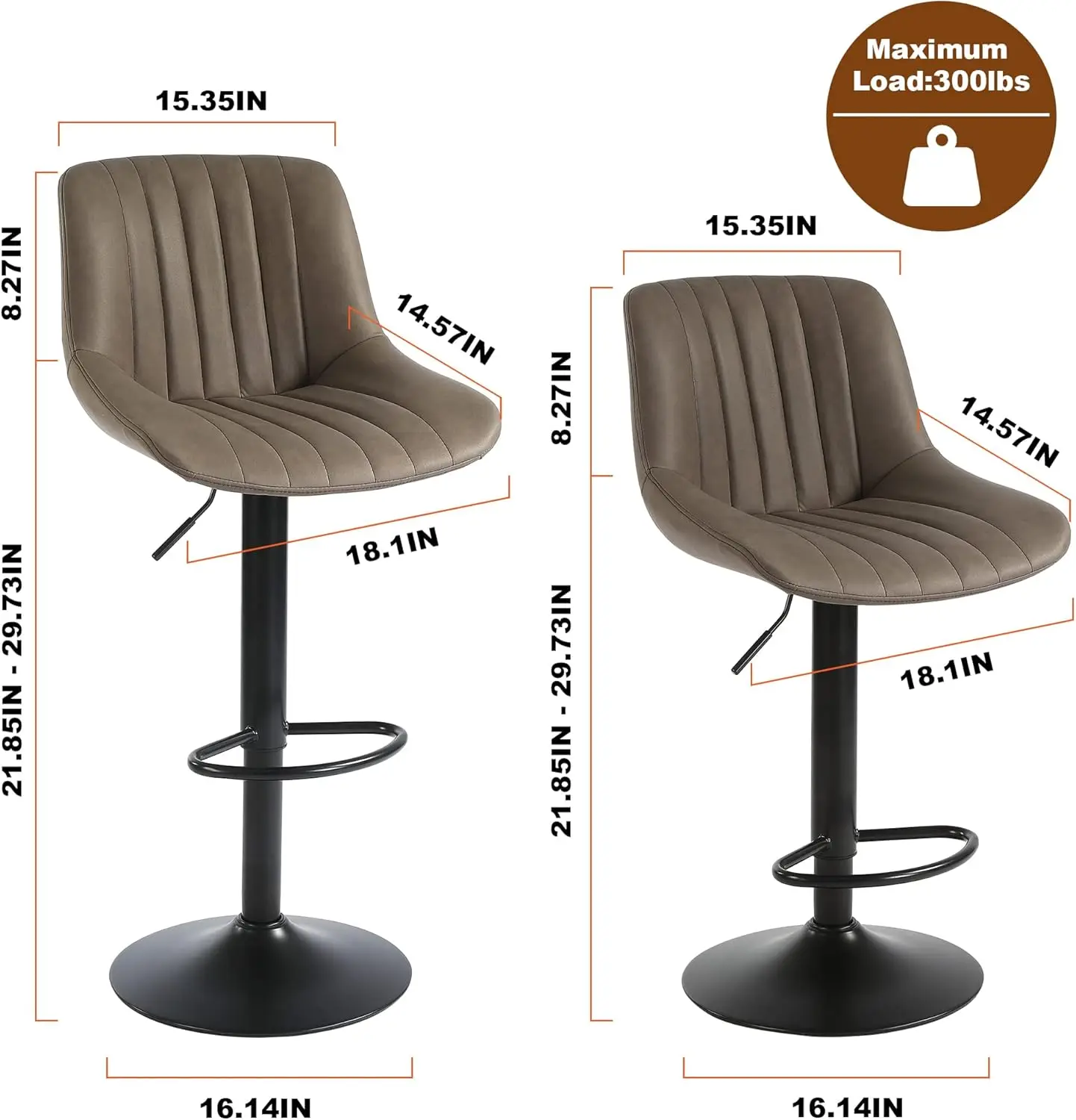 Ajustável Faux PU Leather Bar Stools, Barstools Swivel Counter Altura com Costas, Modern Armless Kitchen Chairs, Conjunto de 2