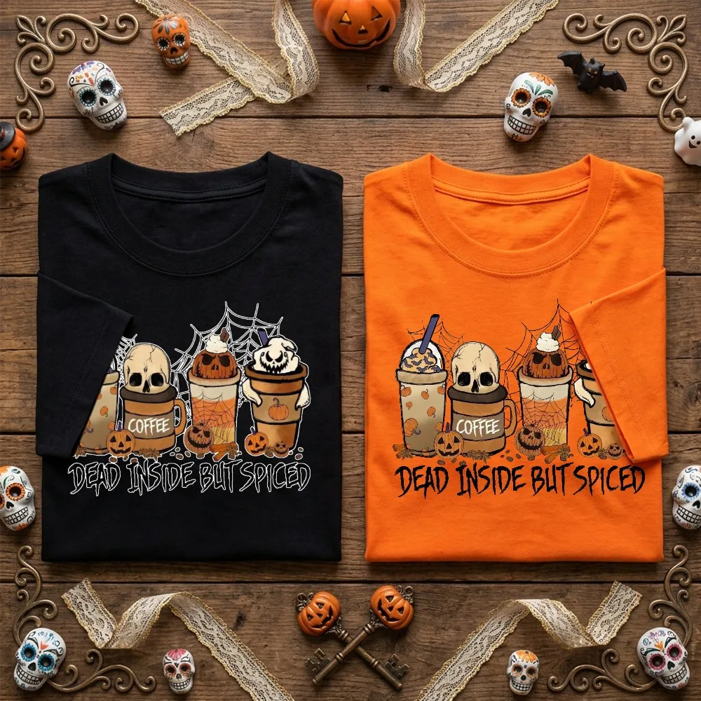 Dead Inside But Spiced Shirt Unisex Soft Cotton Halloween Coffee Graphic Tee Vintage Pumpkin Spice Skeleton T-Shirt Lover Gift