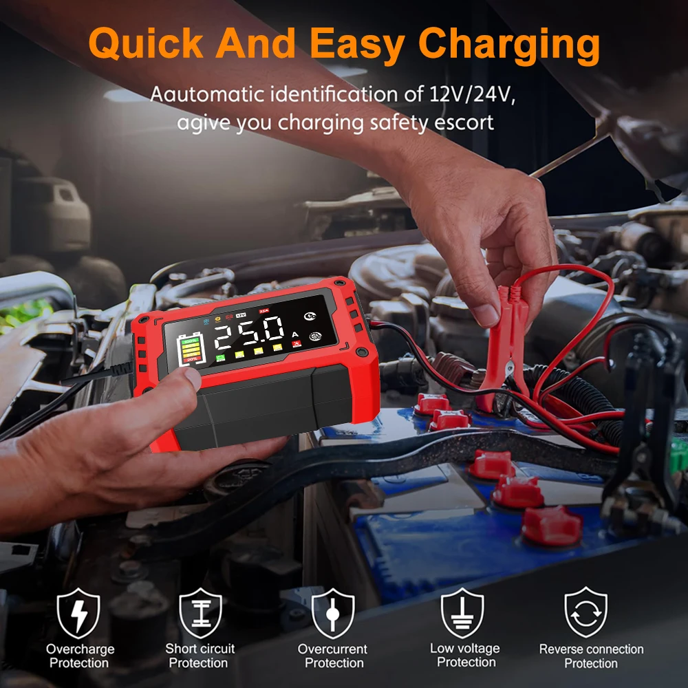 EAFC 12V-24V Car Battery Charger 15A 25A Pulse Repair Large LED Display Smart Charger Battery for Car Motorcycle Old Batteries