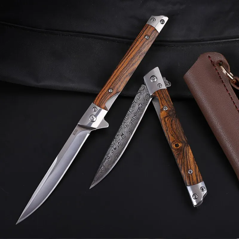 Folding Knife Damascus Pattern Outdoor Pocket Jungle Hunting SelfDefense Camping Survival Sandal Wood Handle Magic Pen Knife