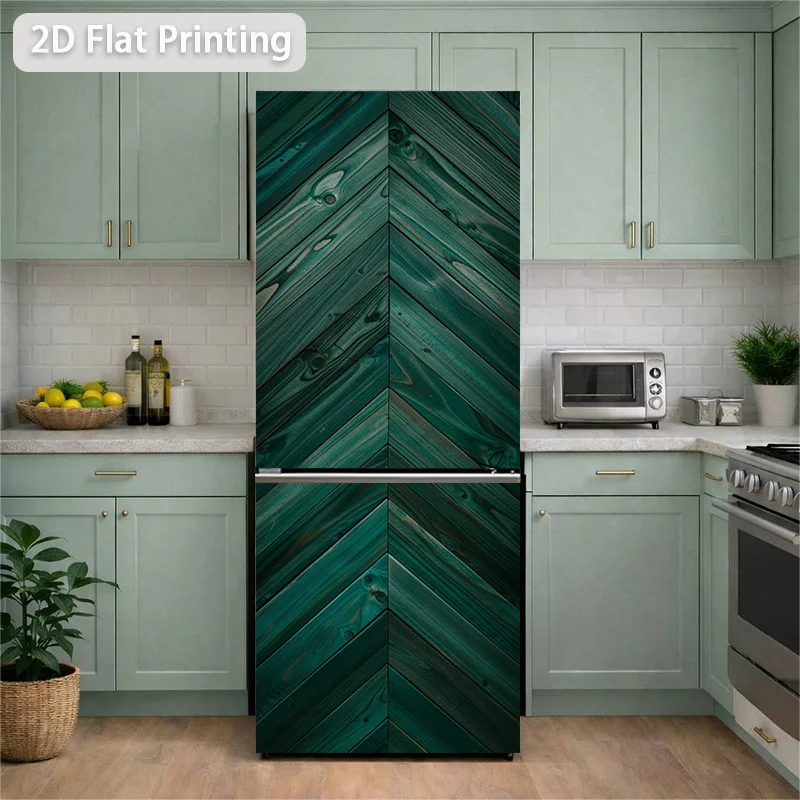 Refrigerator Sticker 60×180Cm Dark Green Herringbone Wood Veneer Theme Design Wall Sticker Decoration Wallpaper Self-Adhesive,