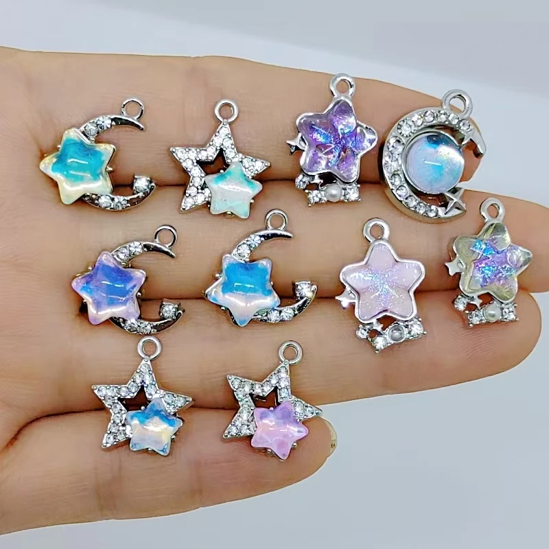 10pcs Sparkling Star Crystals Rhinestones Metal Charm Pentagram Gold Silver Color Alloy Pendant for DIY Jewelry Making