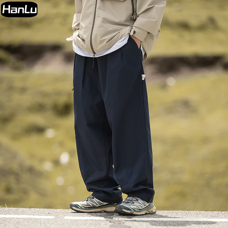 Men's Autumn New Casual Loose Pleated Design Solid Cotton Pants Fashion Men's Side Zip Pocket Work Suit Casual Pants