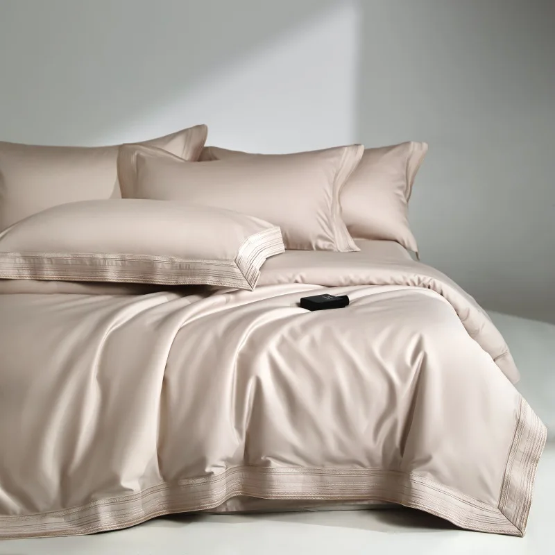 100% Cotton 4 Pcs Bedding Set Minimalist Embroidered Solid Color Duvet Cover Sheet Full Cotton Bed Linen