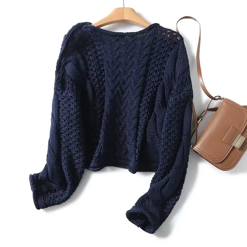 

Withered Elegant Navy Vintage Sweaters Women Out Casual Hollow Color Knitwear Pullovers Women Tops