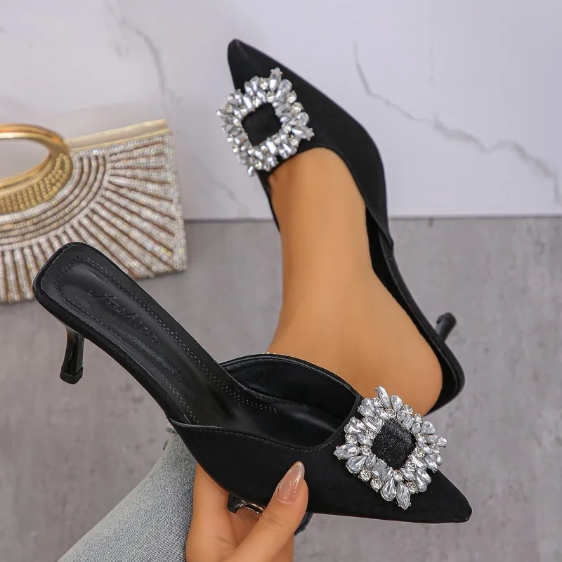

New Women's Summer Thin Heels Slippers Pointed Toe Slingback Mules Female Fashion Rhinestone Ladies High Heels Sexy Slippers