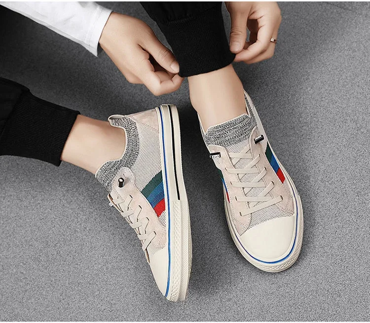 Shoes for Men Casual Shoes Spring Summer Striped Flat Skateboard Shoes Breathable Knit Slip-on Sneakers