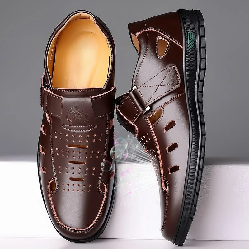 Sandals Summer for Men Hollow Non-slip Soft Cool Men Sandals Lighted Breathable Classic Wearable Fashion Casual Leather Sandals