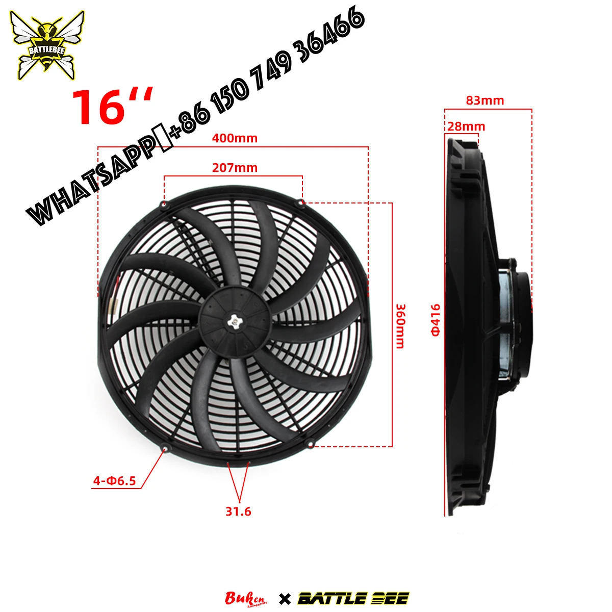 

16'' Electric Radiator Intercooler Slim Fan 12V 150W Push/Pull 10 Blade Engine Cooling System Racing Car Accessories