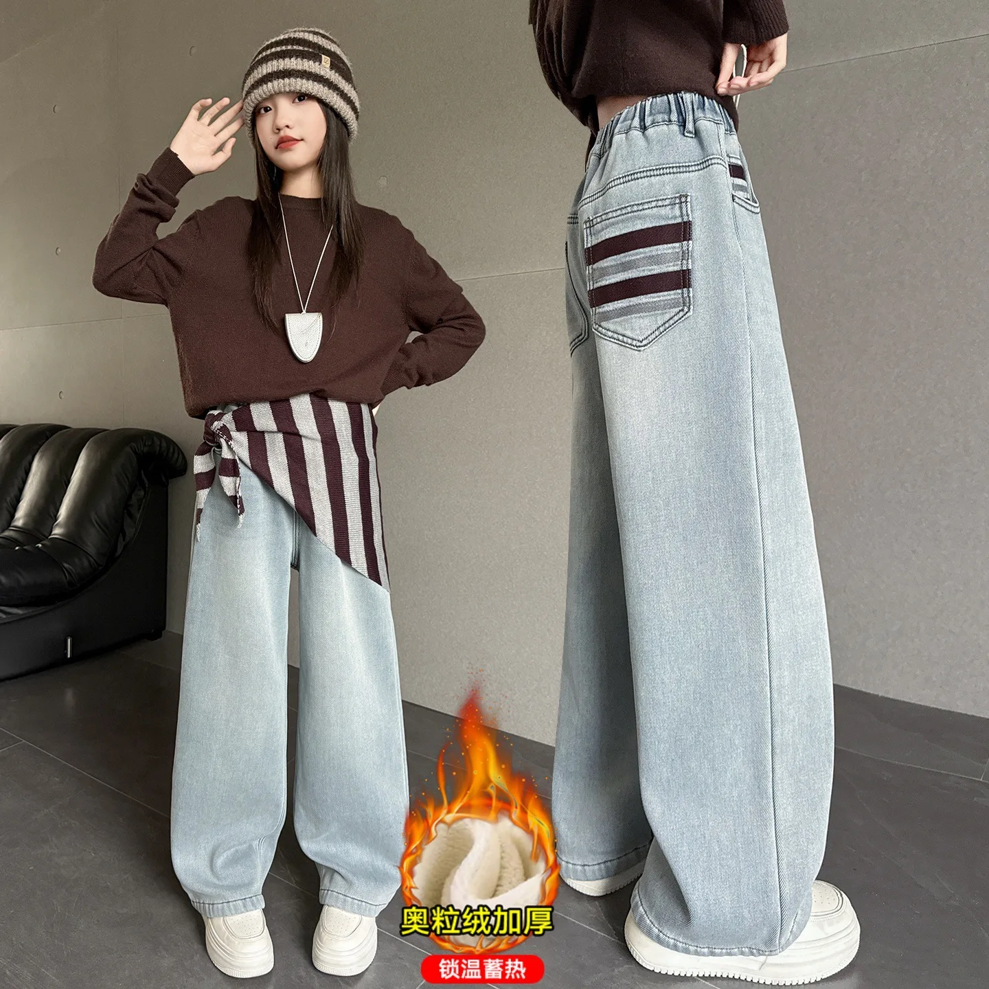 مدرسة فتاة الشتاء الدافئة مستقيم الساق الجينز الاطفال معزول الجينز السراويل الطفل سميكة الدنيم السراويل مع الجيب الخلفي التطريز #1